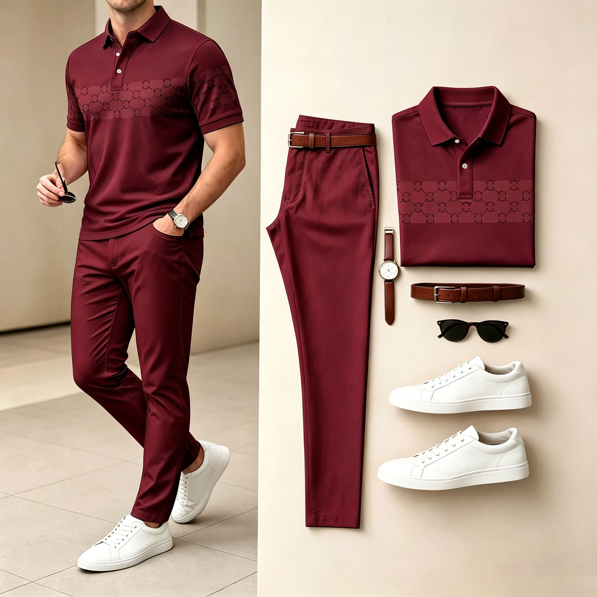 Men's Casual Black & Brown Plaid Printed Polo Shirt And Pants Two-Piece Set 204499