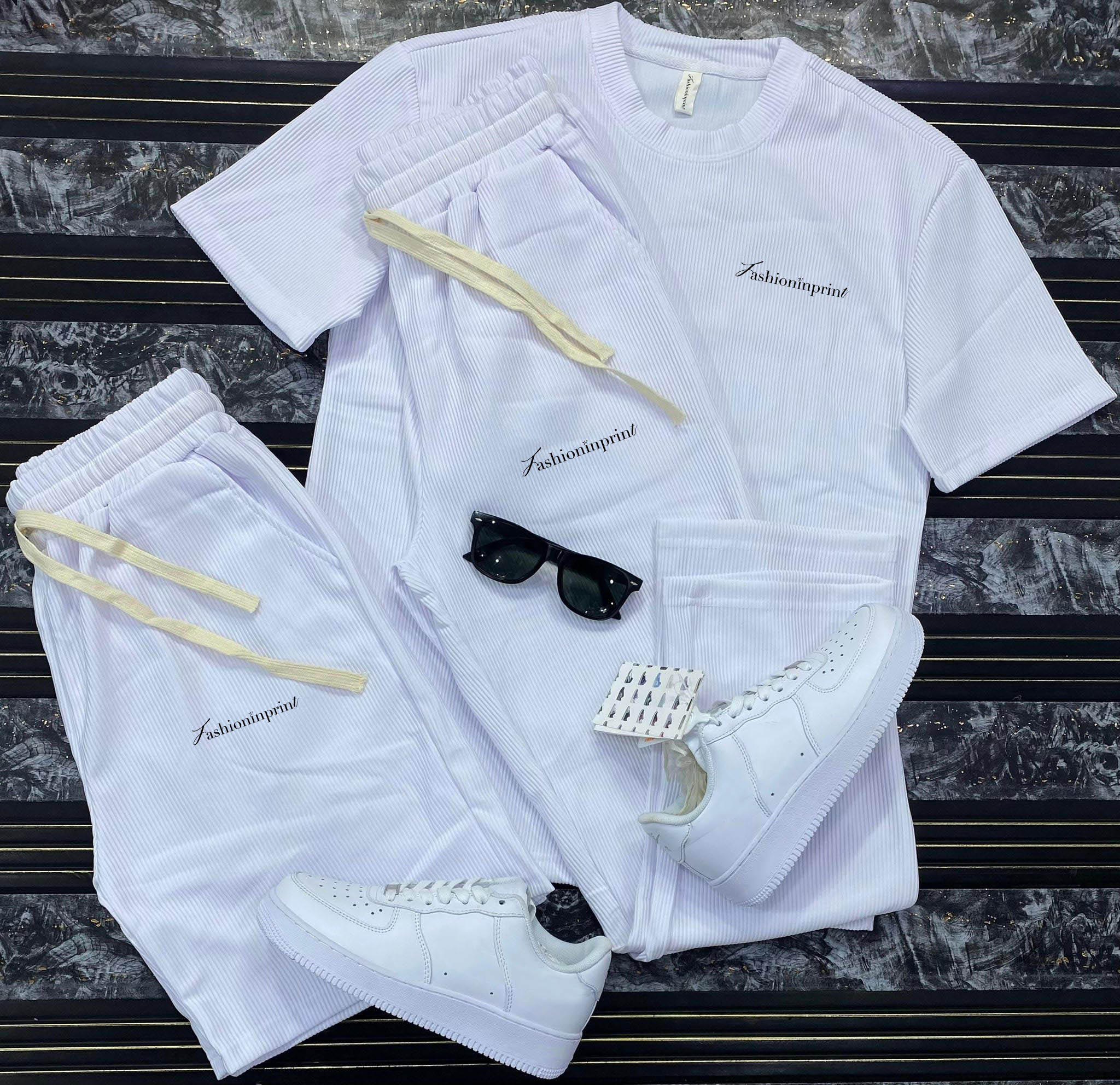 Men's Casual White Striped Short Sleeves White T-Shirt & Shorts And Pants Three Piece Set