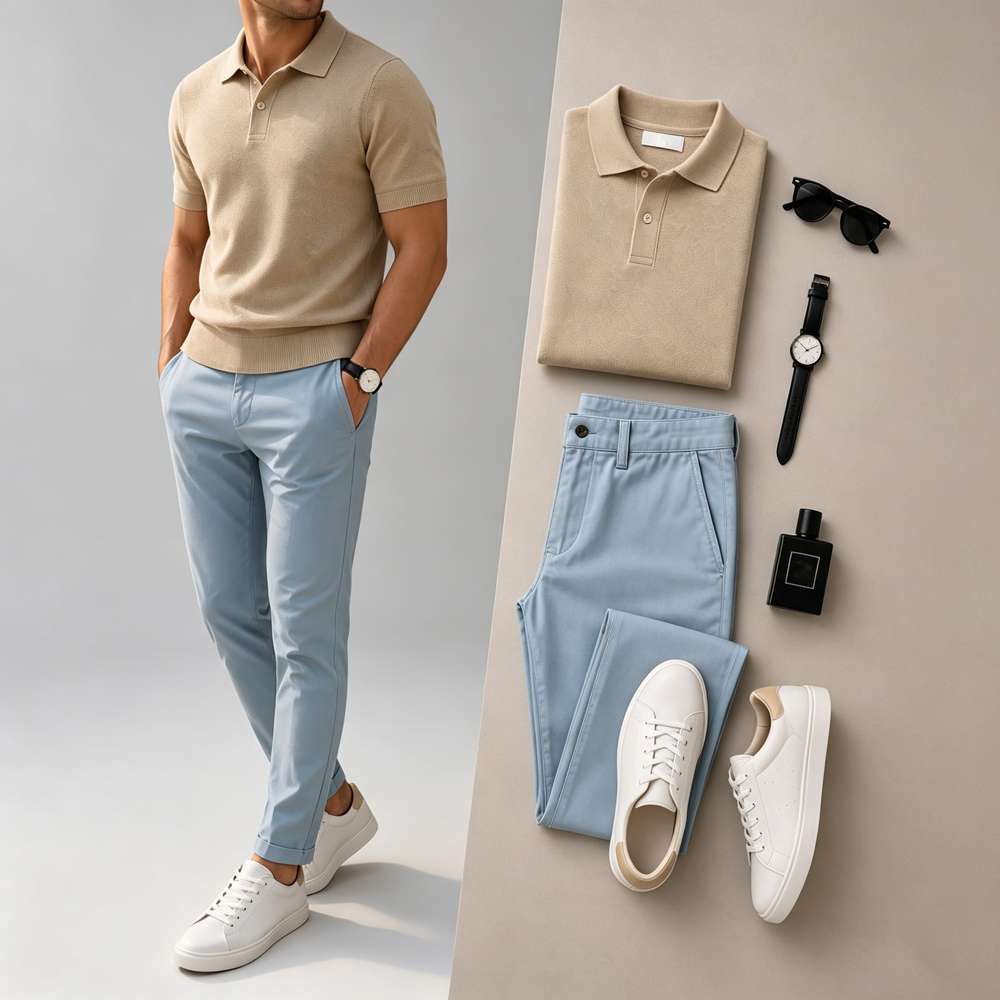 Men's Casual Short Sleeve Polo Shirt And Pants Two-Piece Set (Accessories not included)