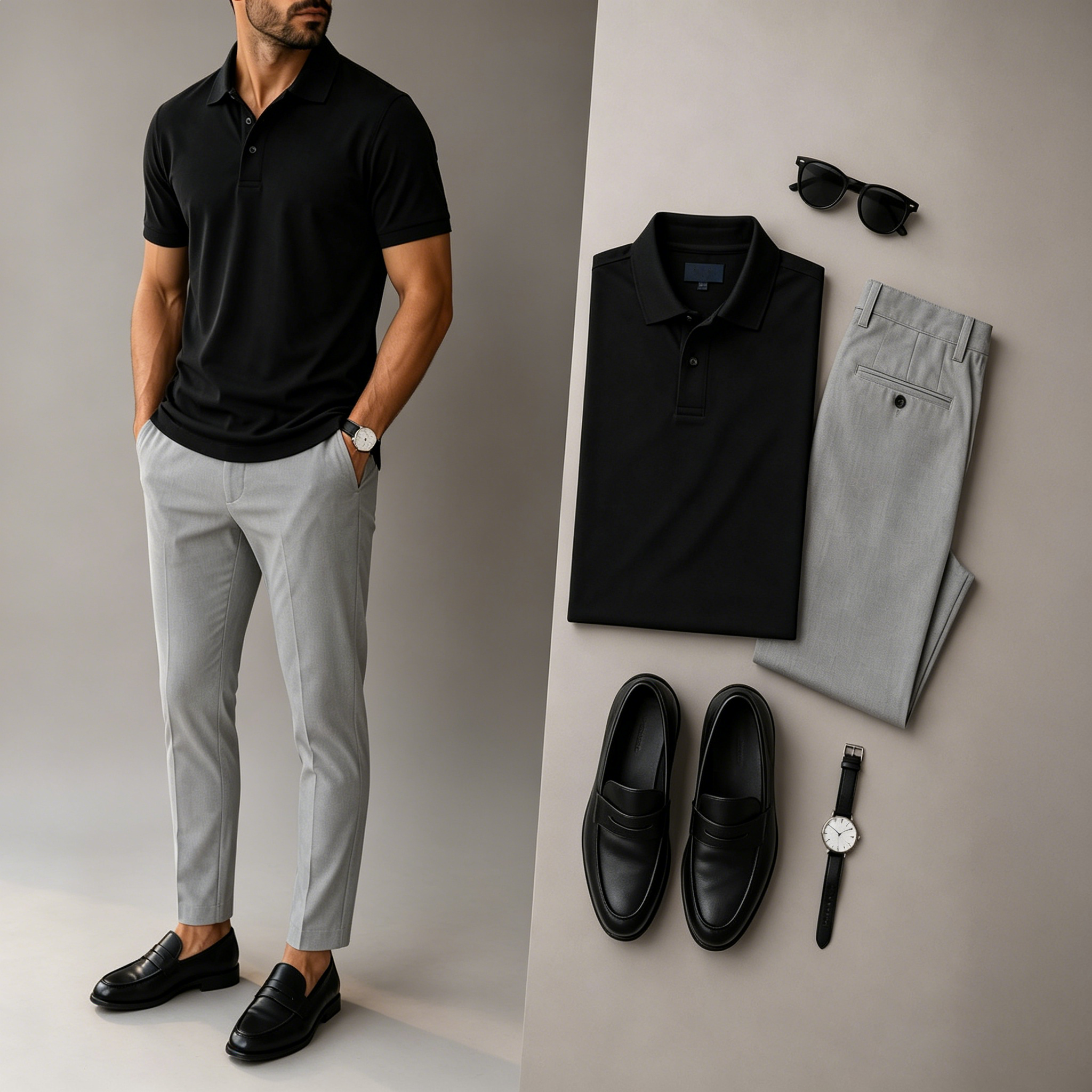 Men's Casual Short Sleeve Polo Shirt And Pants Two-Piece Set (Accessories not included)