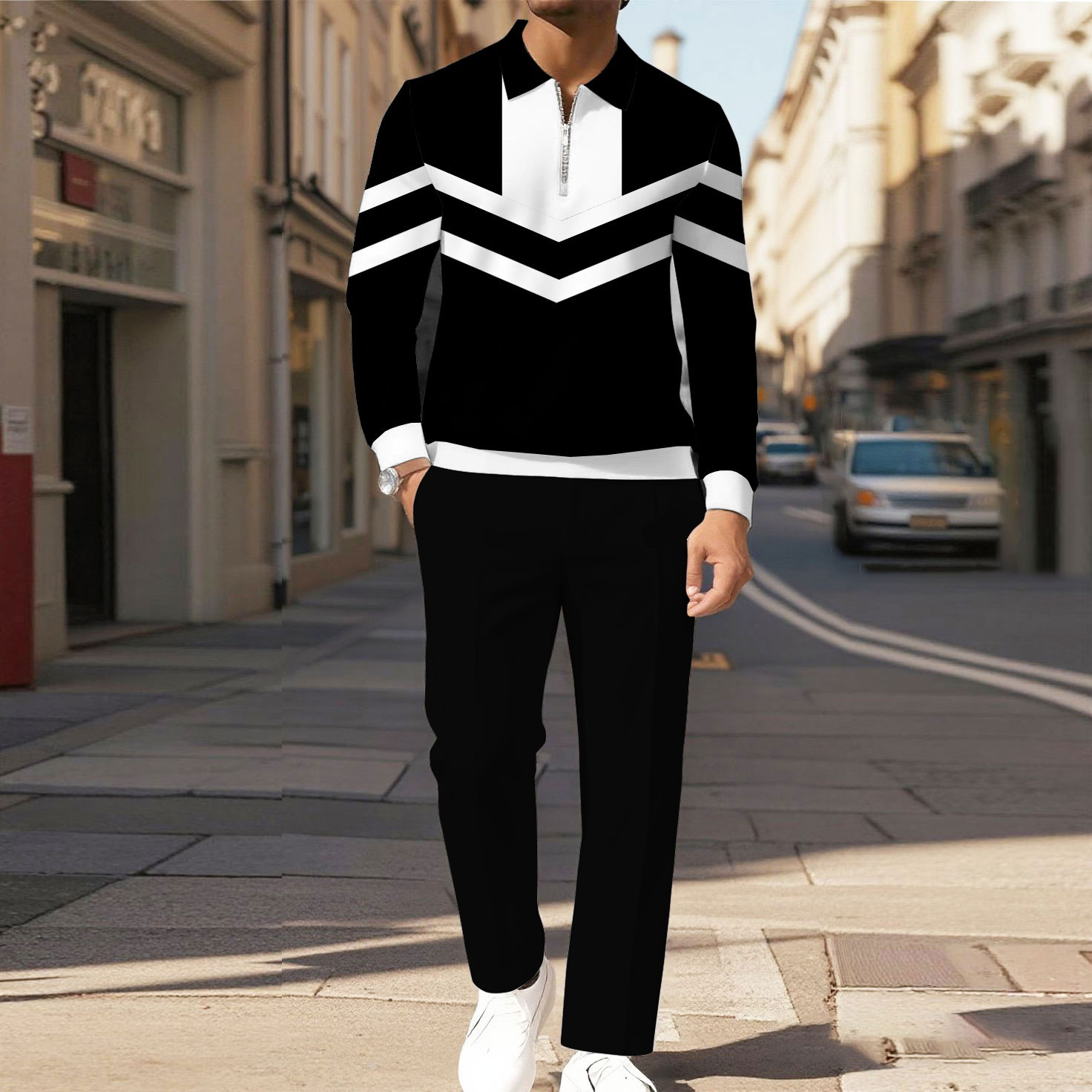 Men's Casual Color Matching Printed Polo-Collar Zipper Long Sleeved Trousers Two-Piece Set