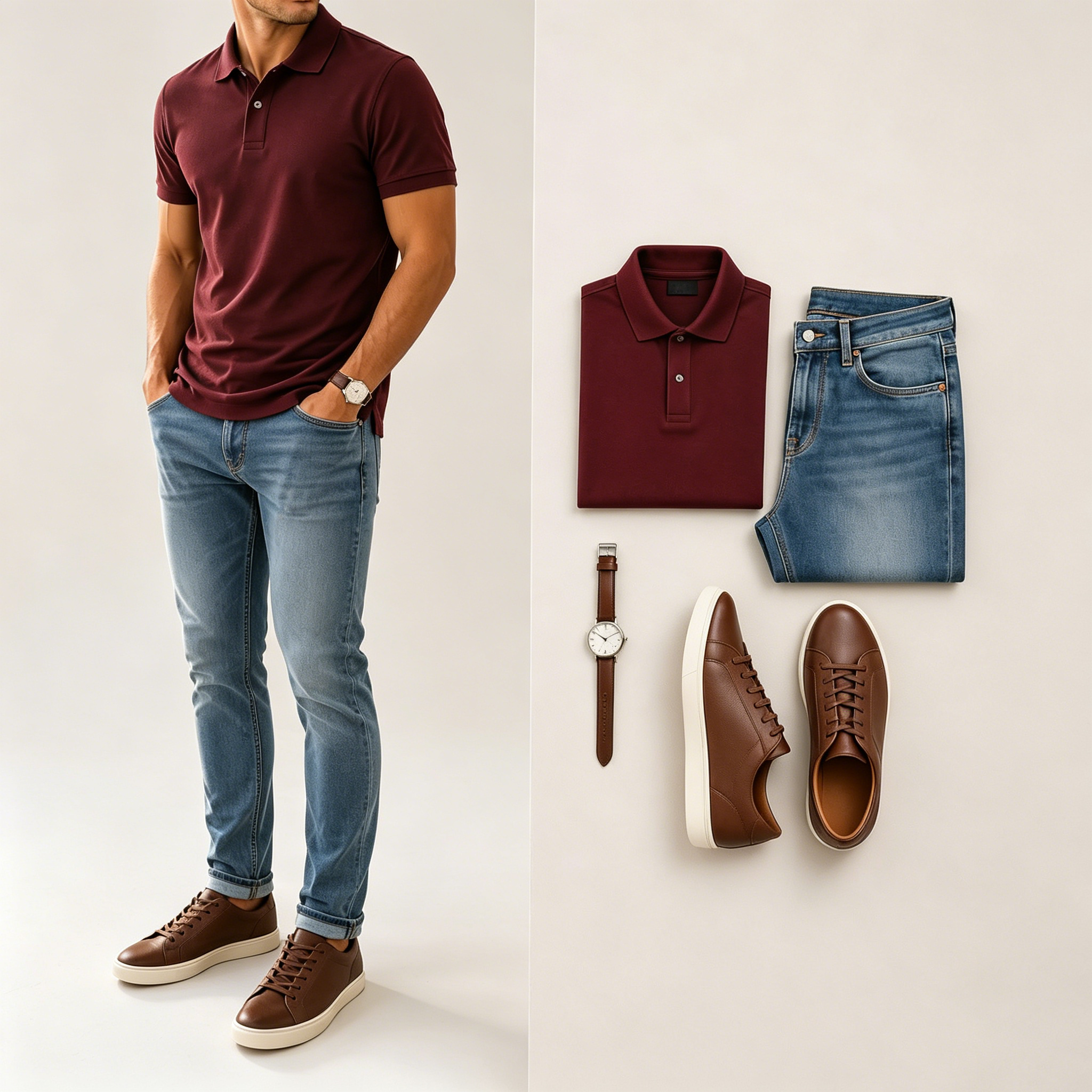 Men's Casual Short Sleeve Polo Shirt And Jeans Two-Piece Set (Accessories not included)