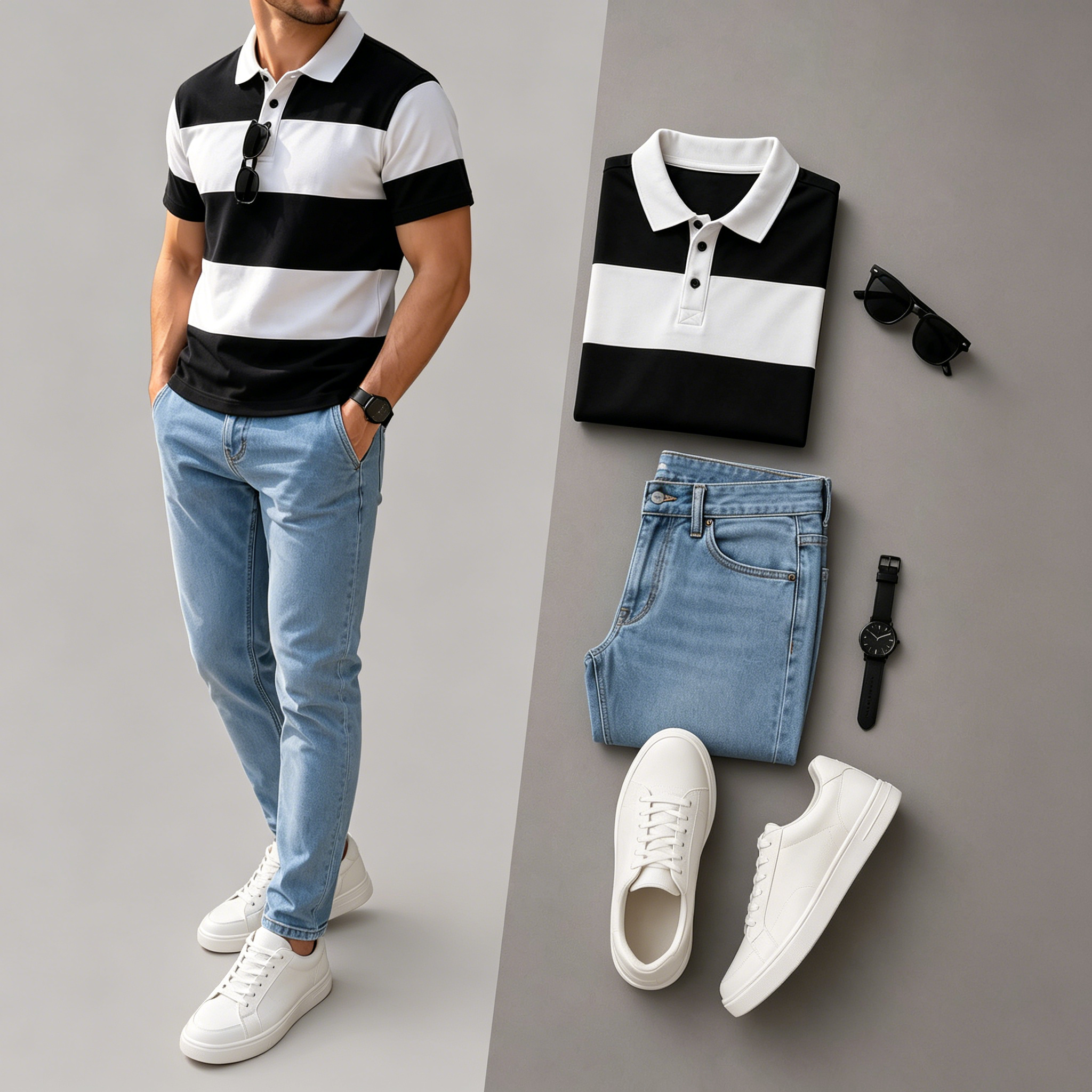 Men's Casual Short Sleeve Polo Shirt And Jeans Two-Piece Set (Accessories not included)