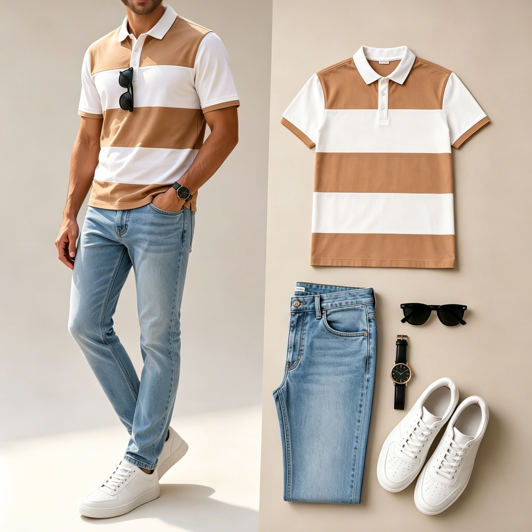 Men's Casual Short Sleeve Polo Shirt And Jeans Two-Piece Set (Accessories not included)
