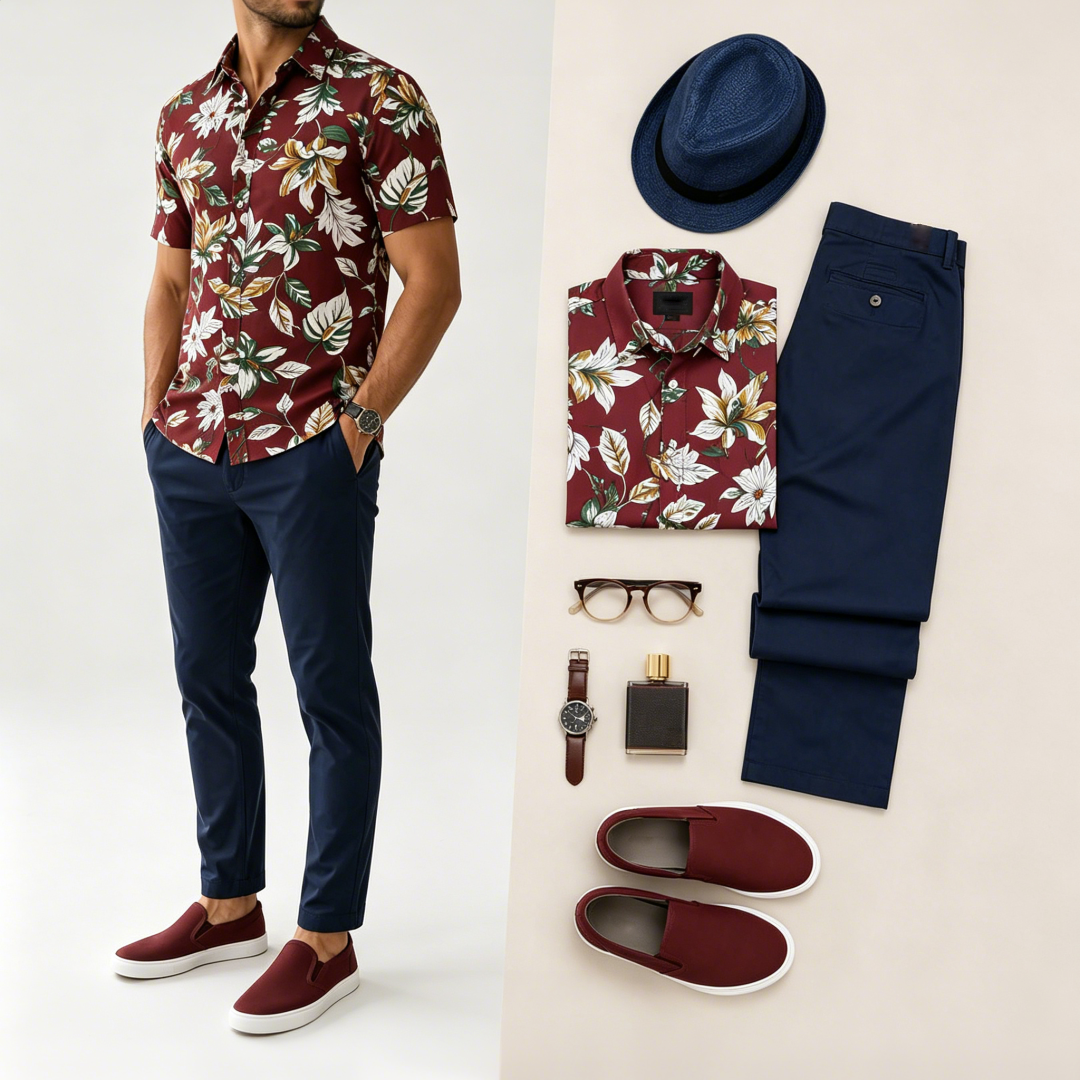 Men's Casual Short Sleeved Shirt And Pants Two-Piece Set (Accessories not included)