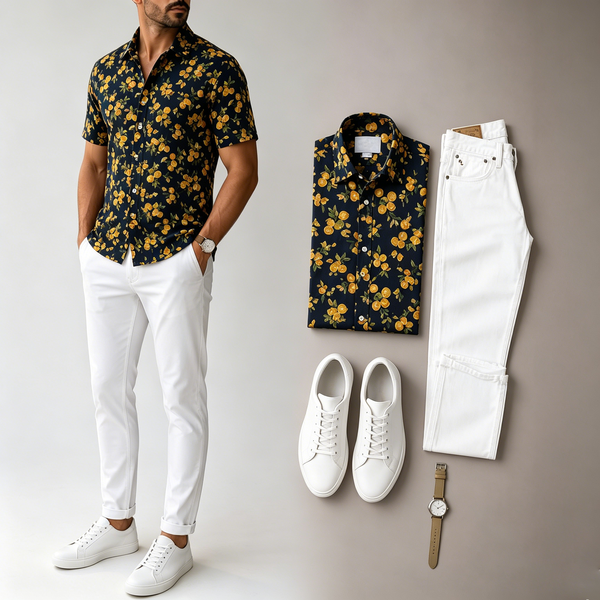 Men's Casual Short Sleeved Shirt And Pants Two-Piece Set (Accessories not included)