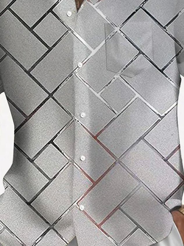 FIP  Retro Geometric 3D Tech Print Men's Button Pocket Short Sleeve Shirt