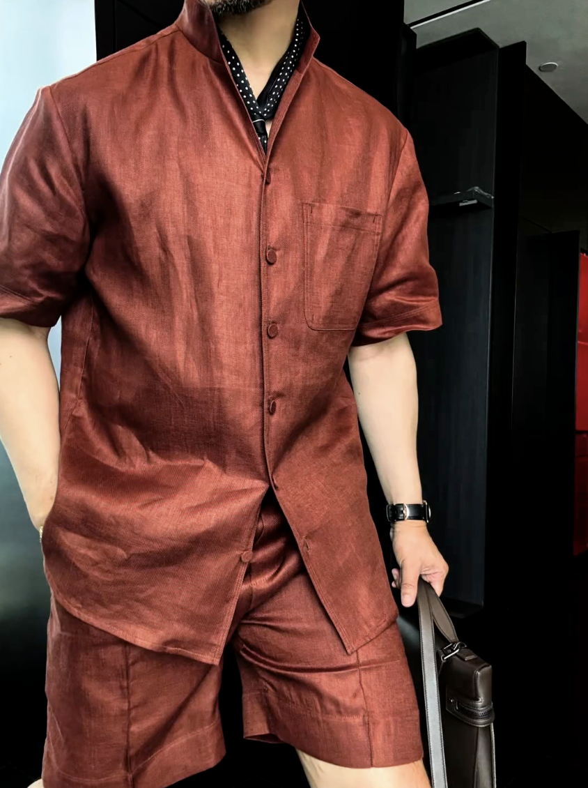 Men's Summer Linen Mandarin Collar Blazer & Shorts Set
