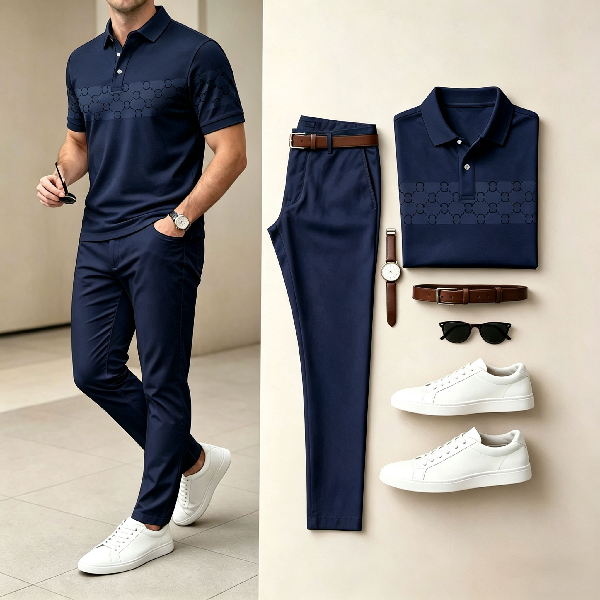 Men's Casual Black & Brown Plaid Printed Polo Shirt And Pants Two-Piece Set 204499