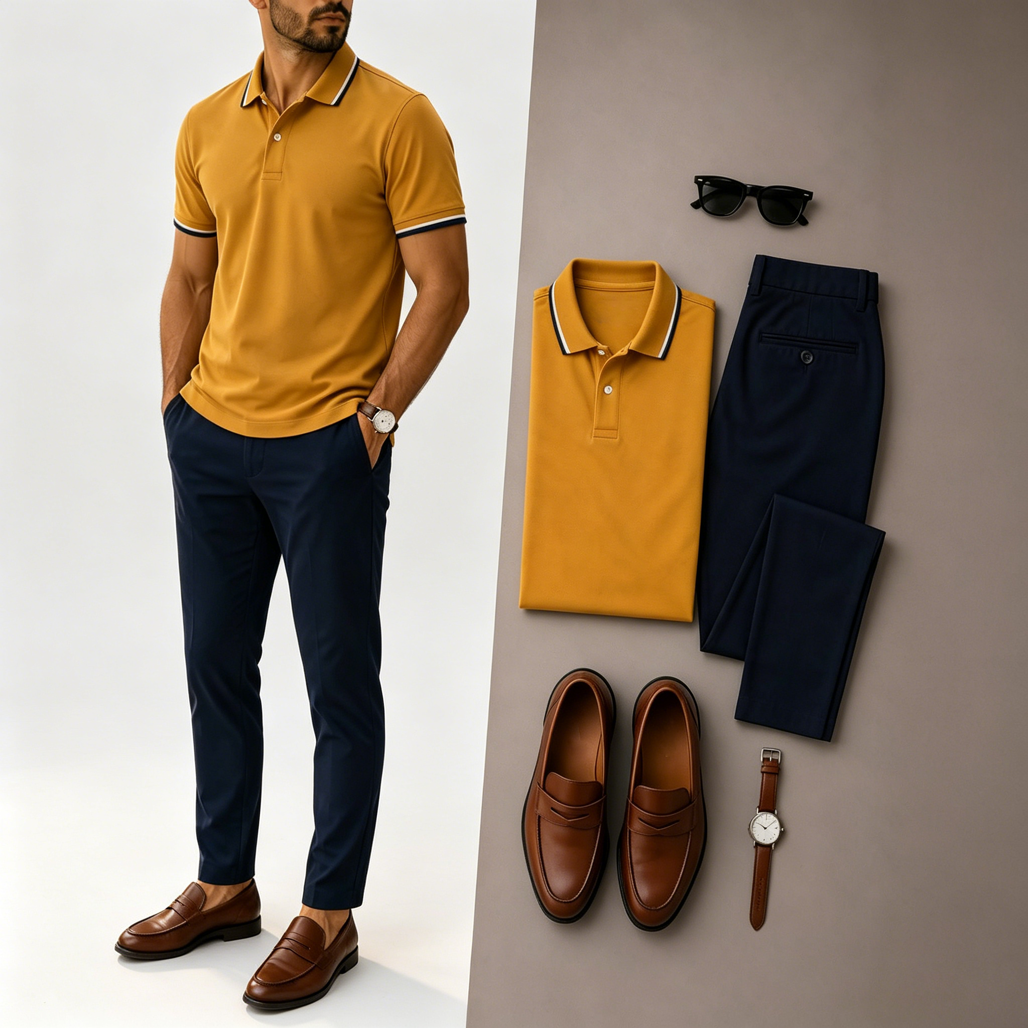 Men's Casual Short Sleeve Polo Shirt And Pants Two-Piece Set (Accessories not included)