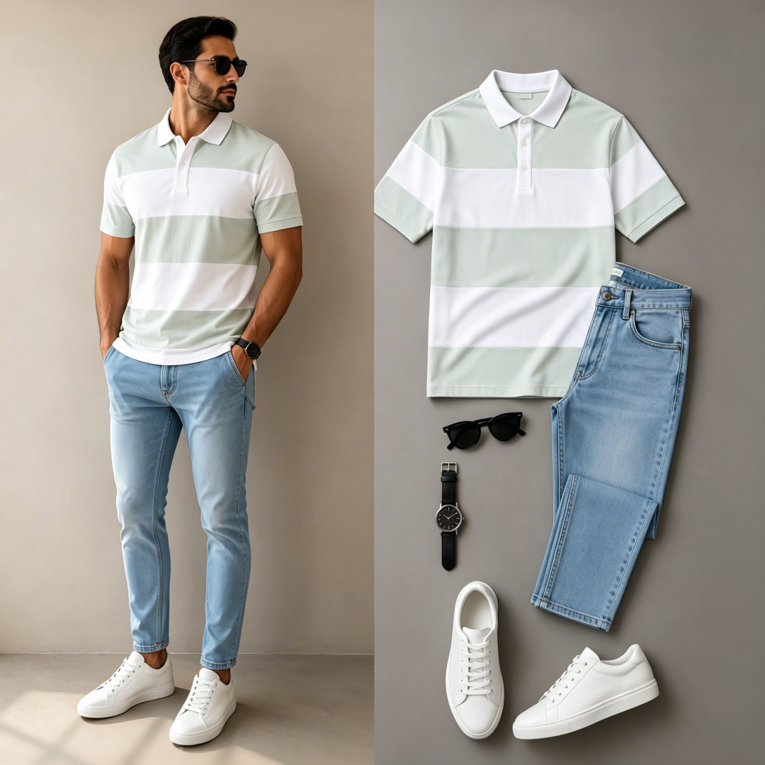 Men's Casual Short Sleeve Polo Shirt And Jeans Two-Piece Set (Accessories not included)