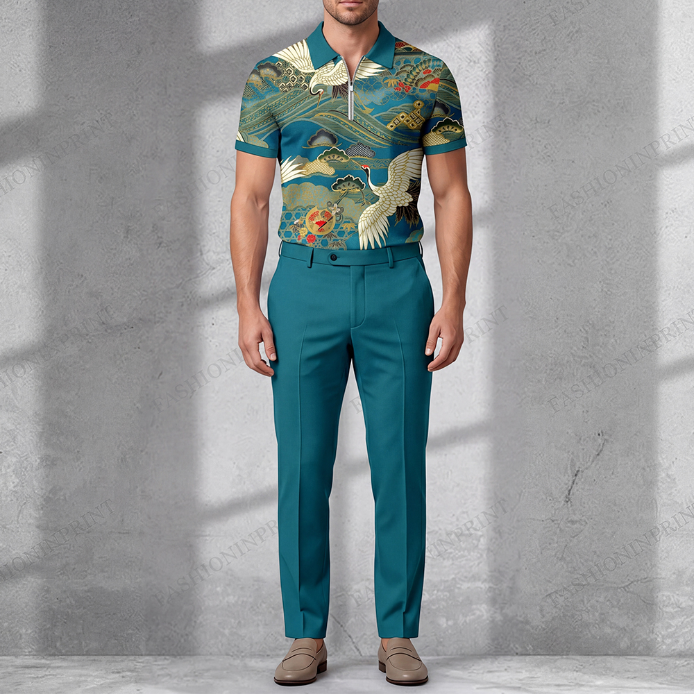 Men's Casual Royal Green Crane Short-Sleeved Half-Zip Polo Shirt And Royal Green Trousers Two-Piece Set