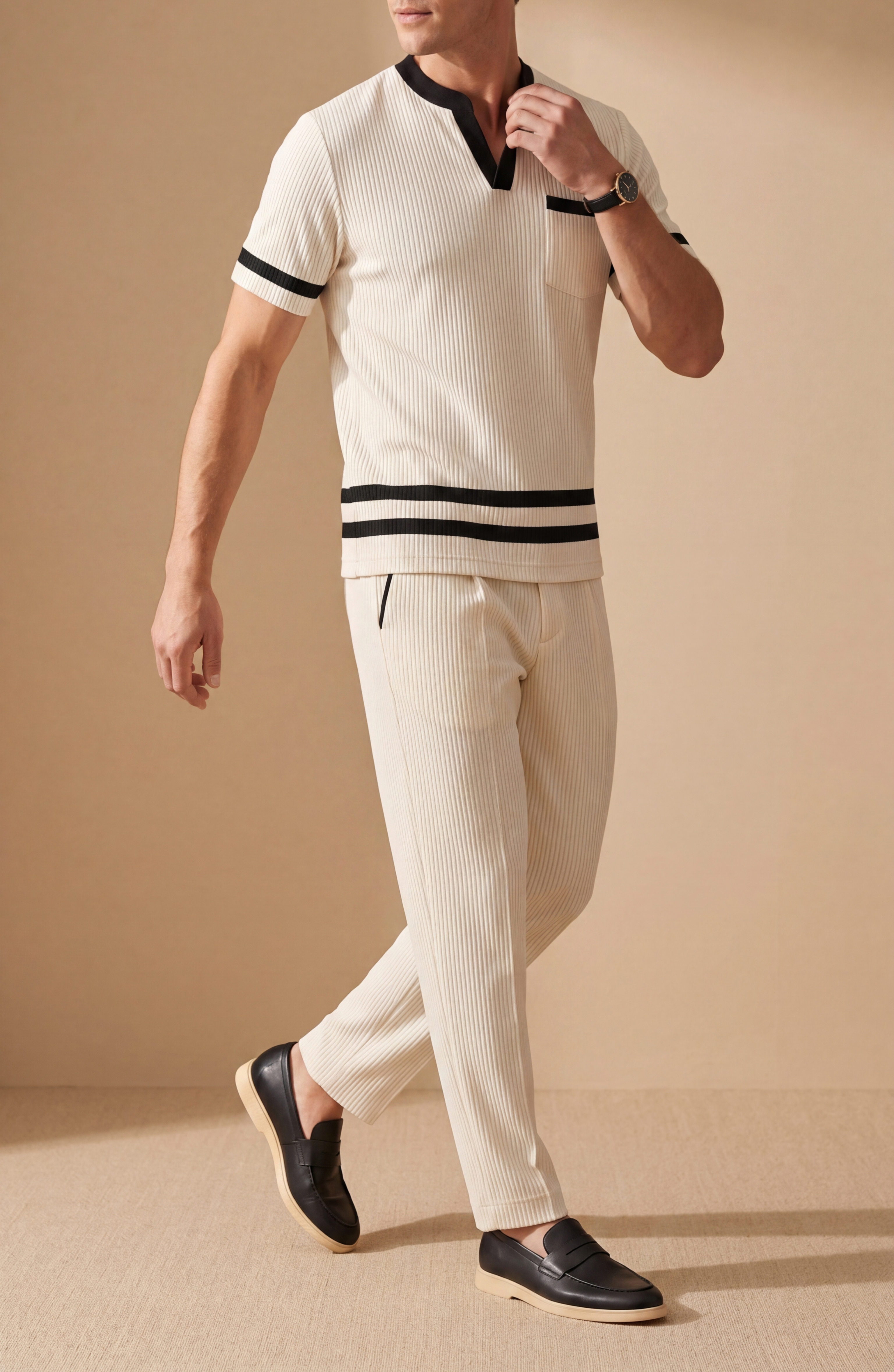 Men's Casual Beige & Black Color Matching Short Sleeved Henry Collar T-Shirt & Trousers Two-Piece Set