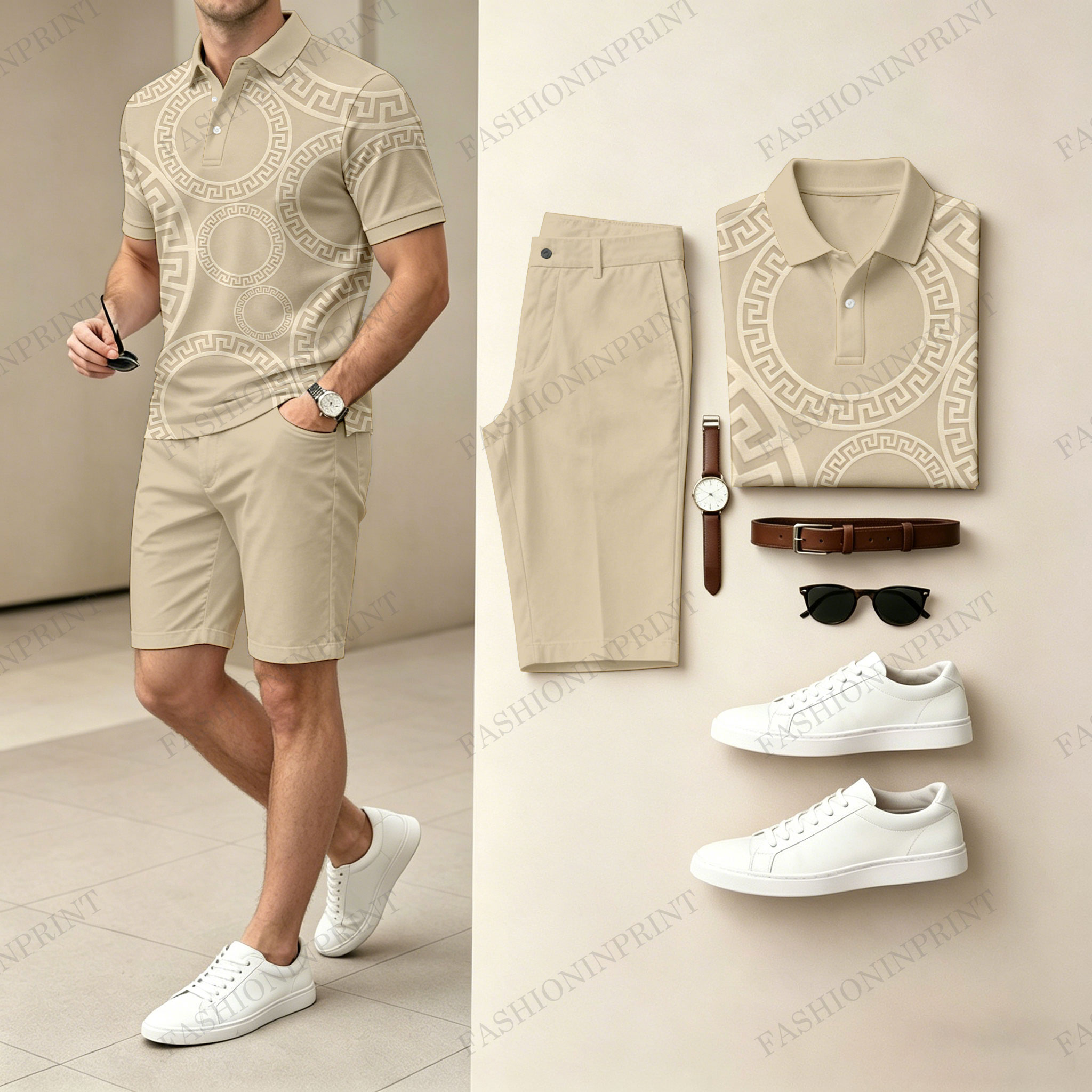 Men's Casual Geometric Color Polo Shirt & Shorts Two-Piece Set