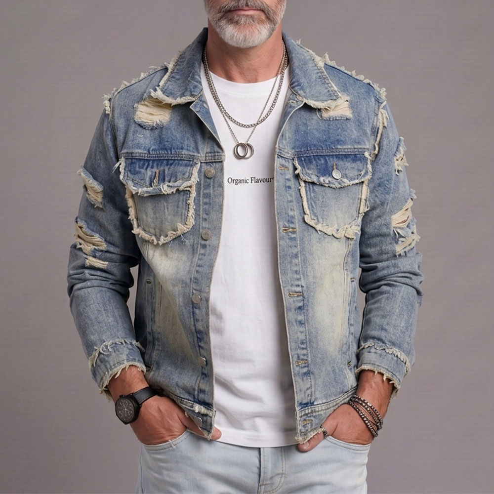 Men's Frayed And Ripped Denim Jacket (Non-Stretch)