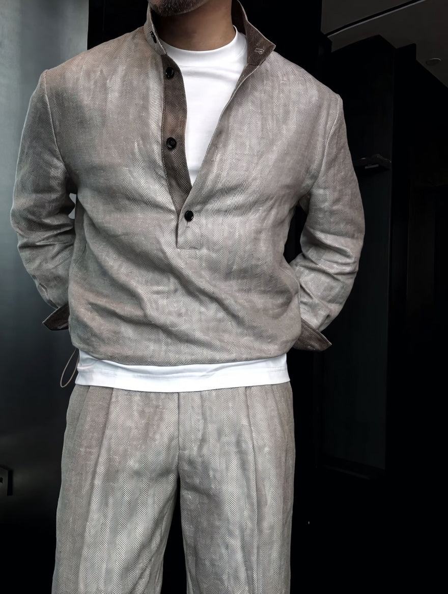 Premium Linen Mandarin Collar Suit