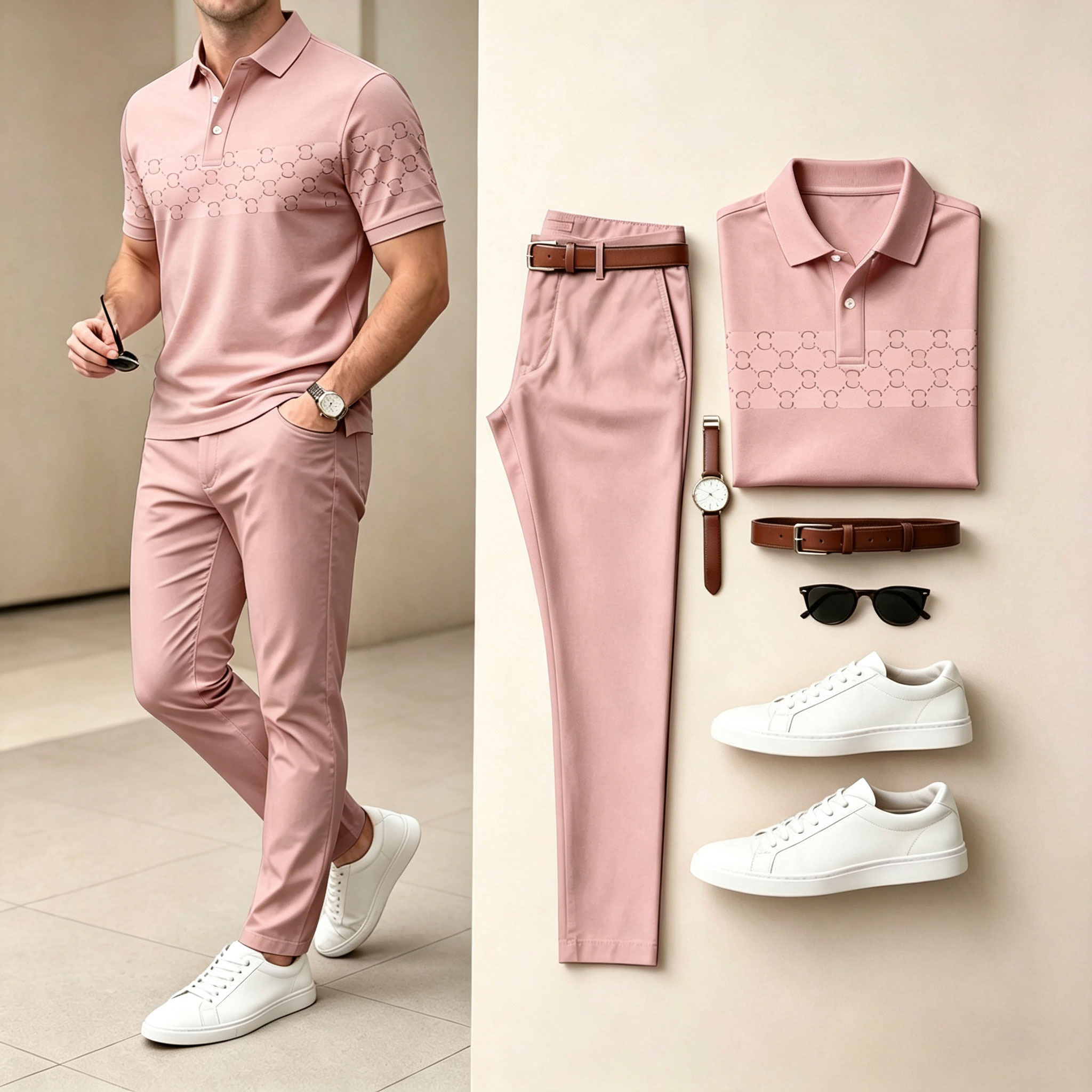 Men's Casual Black & Brown Plaid Printed Polo Shirt And Pants Two-Piece Set 204499