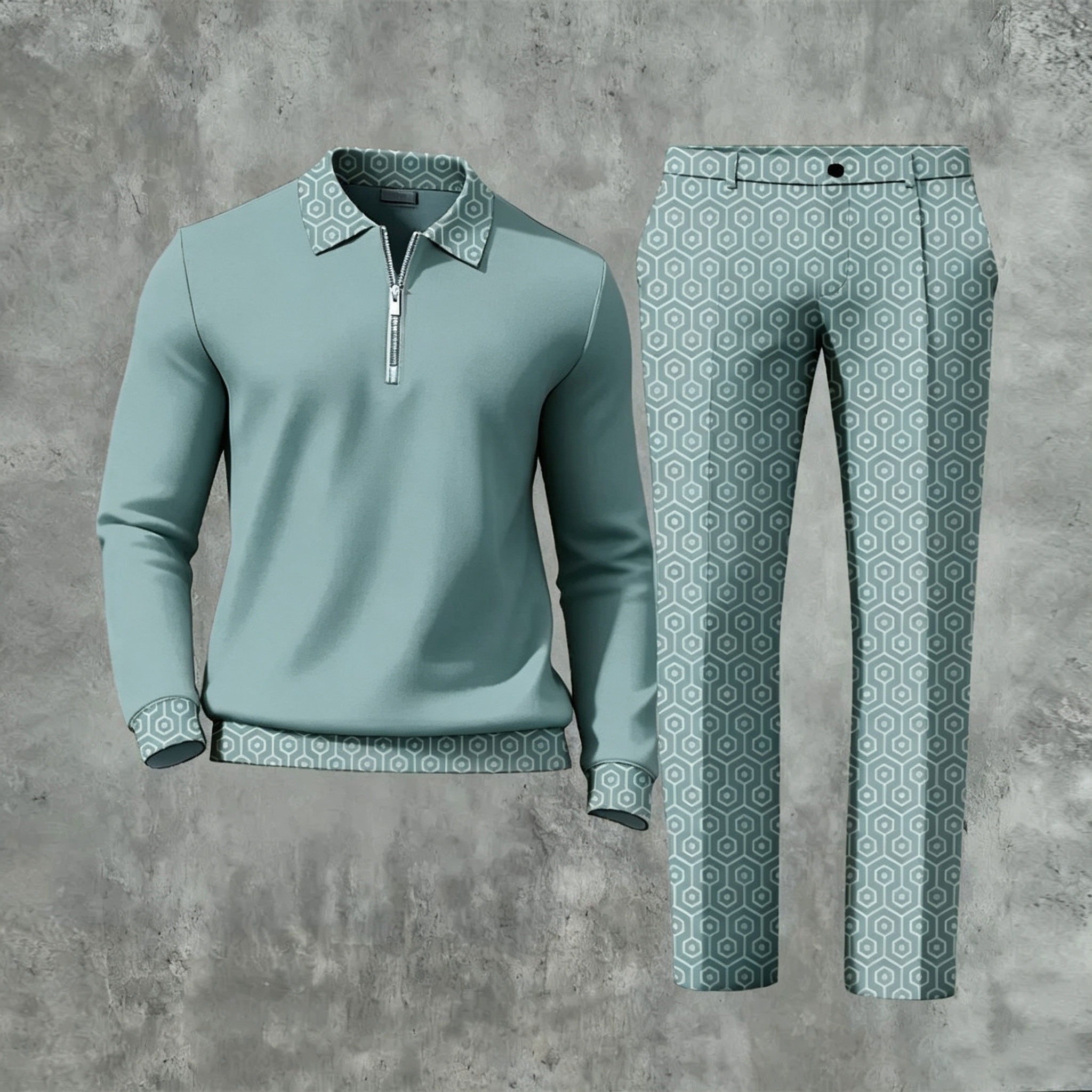 Men's Casual Color Matching Printed Polo-Collar Zipper Long Sleeved Trousers Two-Piece Set 1120