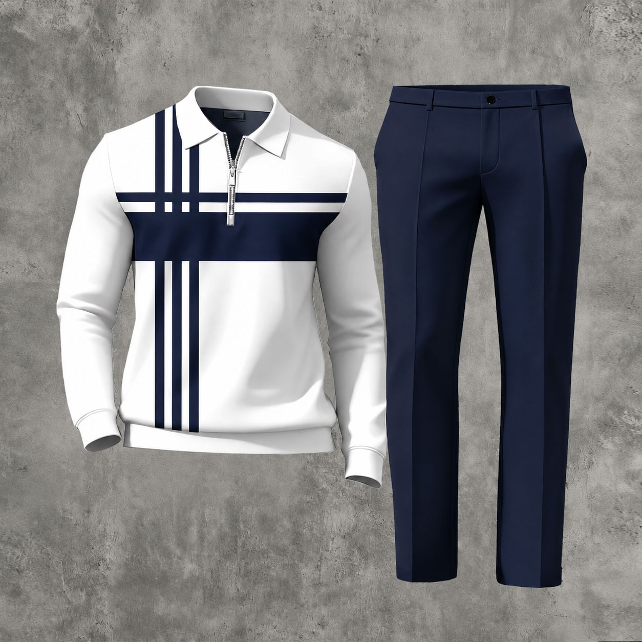 Men's Casual Maroon & White Color Matching Striped Printed Polo-Collar Zipper Long Sleeved Trousers Two-Piece Set