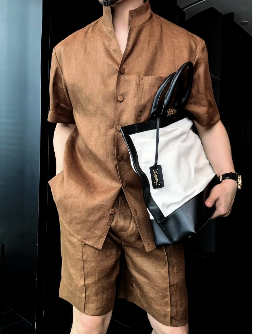 Men's Summer Linen Mandarin Collar Blazer & Shorts Set