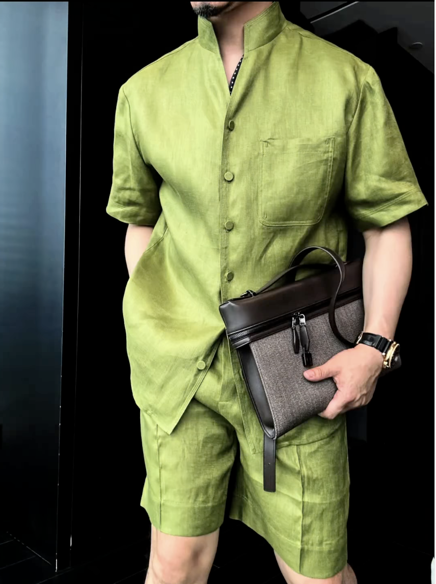 Men's Summer Linen Mandarin Collar Blazer & Shorts Set