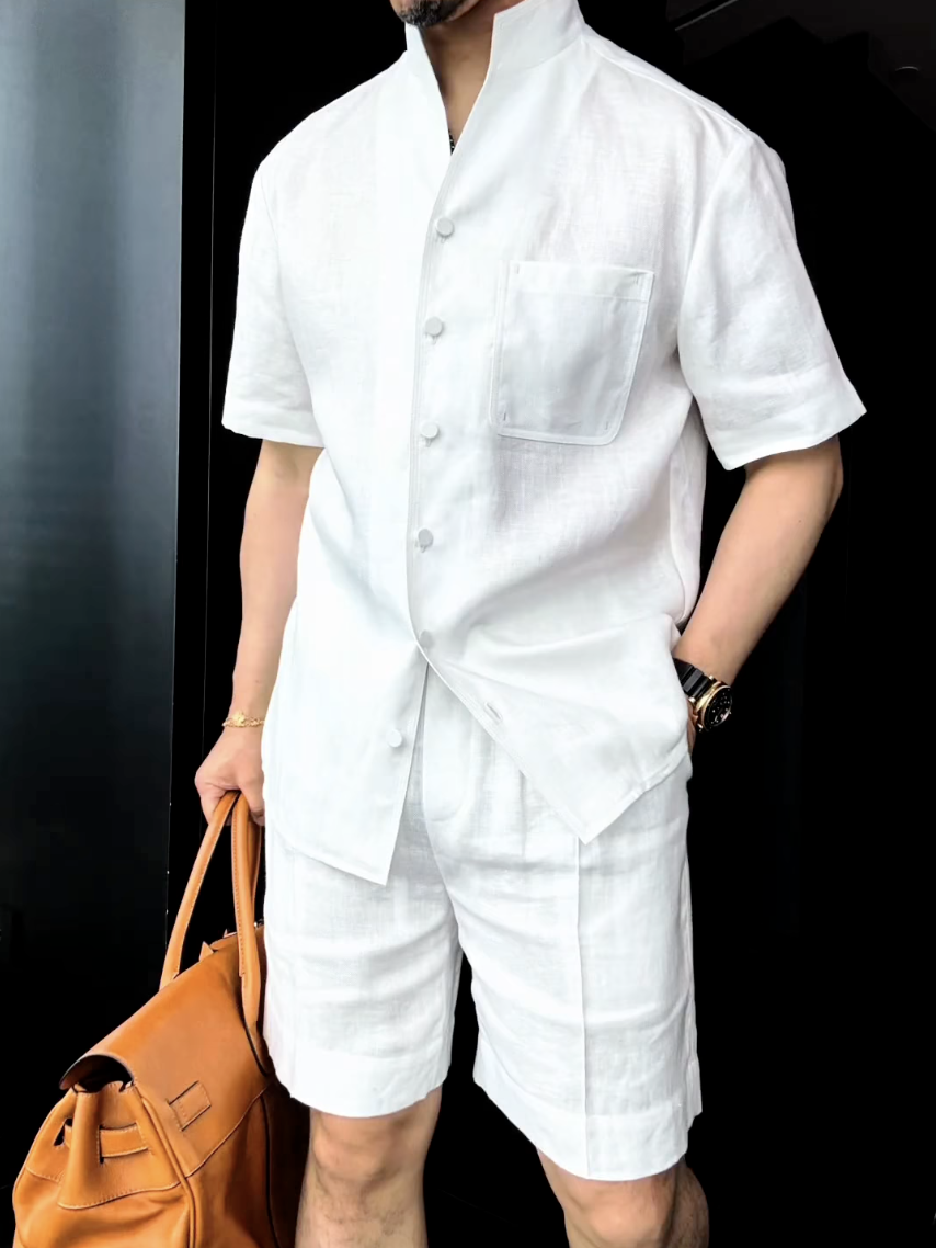 Men's Summer Linen Mandarin Collar Blazer & Shorts Set