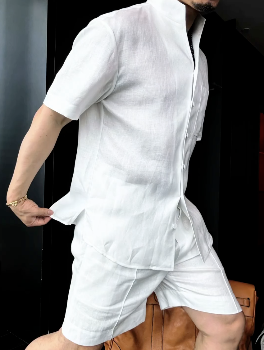 Men's Summer Linen Mandarin Collar Blazer & Shorts Set