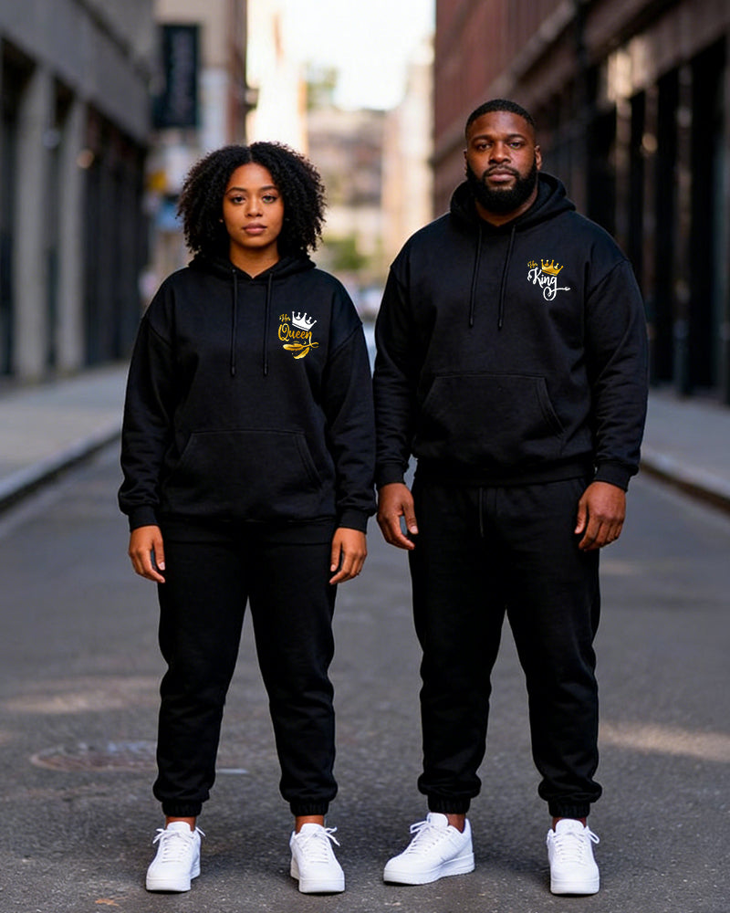 Big & Tall Couples Black Gold Crown "Her King & His Queen" Printed Hoodie Set