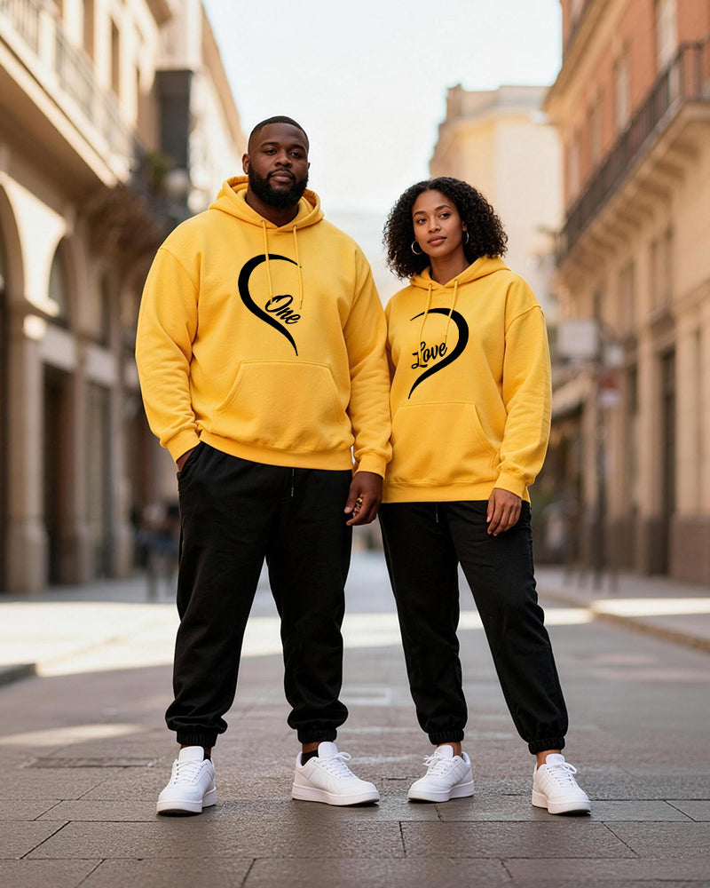 Big & Tall Couples "One & Love" Love Letter Yellow And Black Collision Printed Hoodie Set