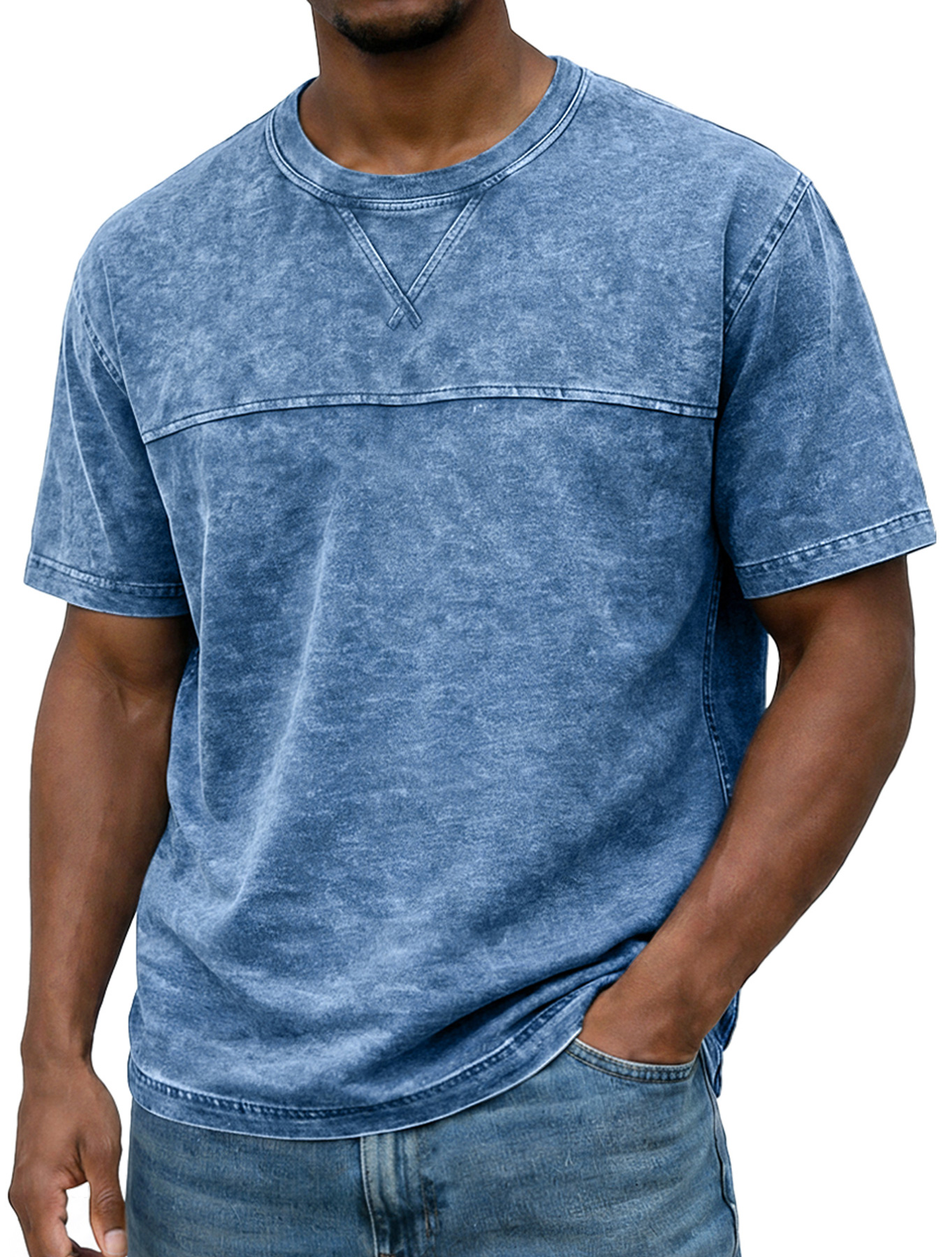 Men's Vintage Round Neck Short-sleeved T-shirt With Contrasting Stitching Design