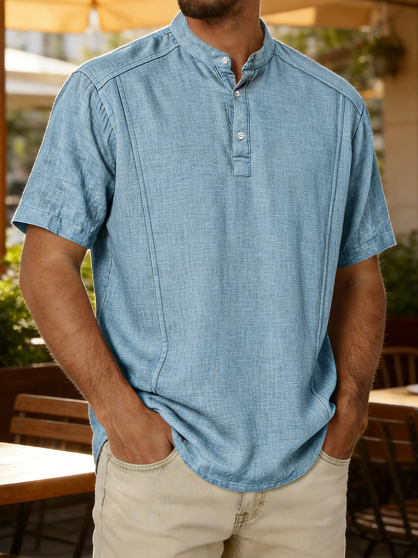 Men's Cotton And Linen Deconstructed Design Casual And Comfortable Short-sleeved Henley Shirt