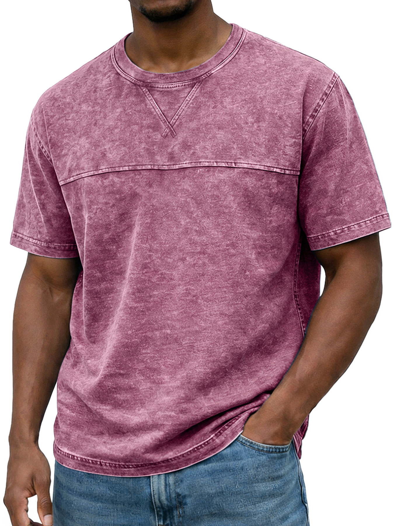 Men's Vintage Round Neck Short-sleeved T-shirt With Contrasting Stitching Design