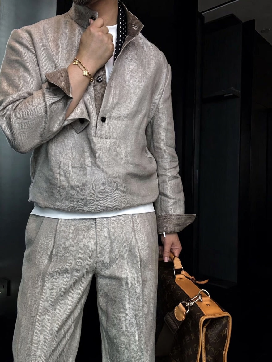 Premium Linen Mandarin Collar Suit