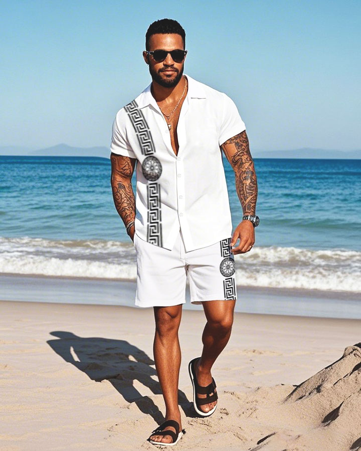 Men's Fashion Casual Lapel Collar Geometric Printed Short-Sleeved Two-Piece Set