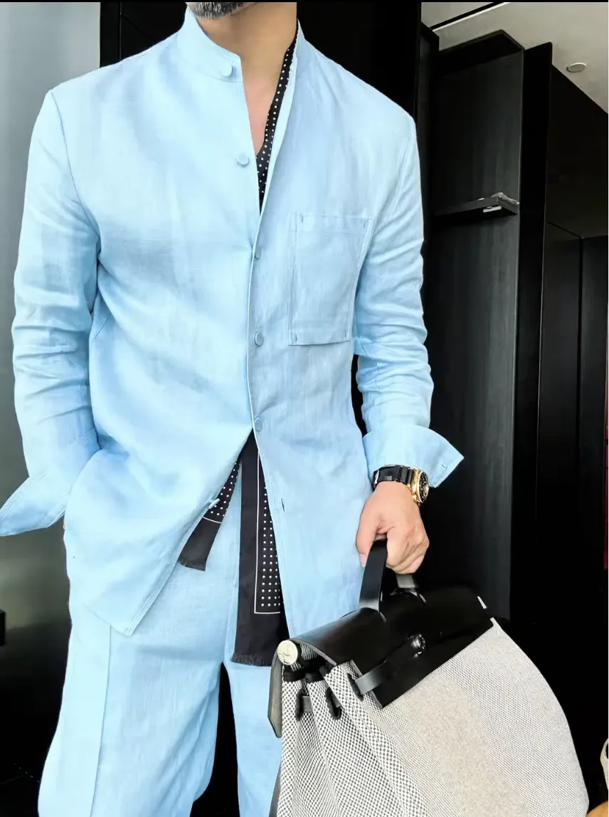 Premium Linen Mandarin Collar 2-Piece Suit | Old Money Style Breathable Set for Men