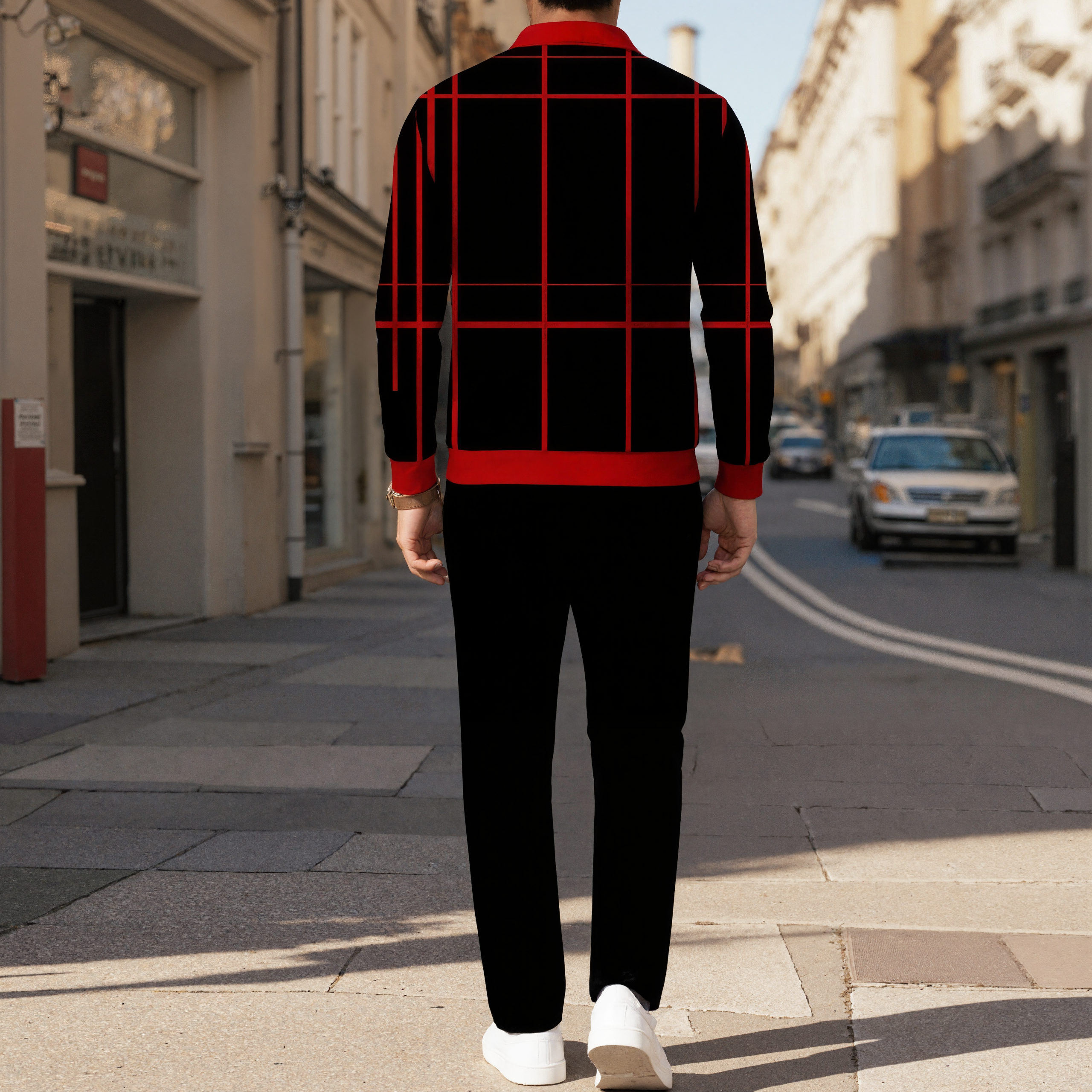 Men's Casual Color Matching Printed Polo-Collar Zipper Long Sleeved Trousers Two-Piece Set 1014