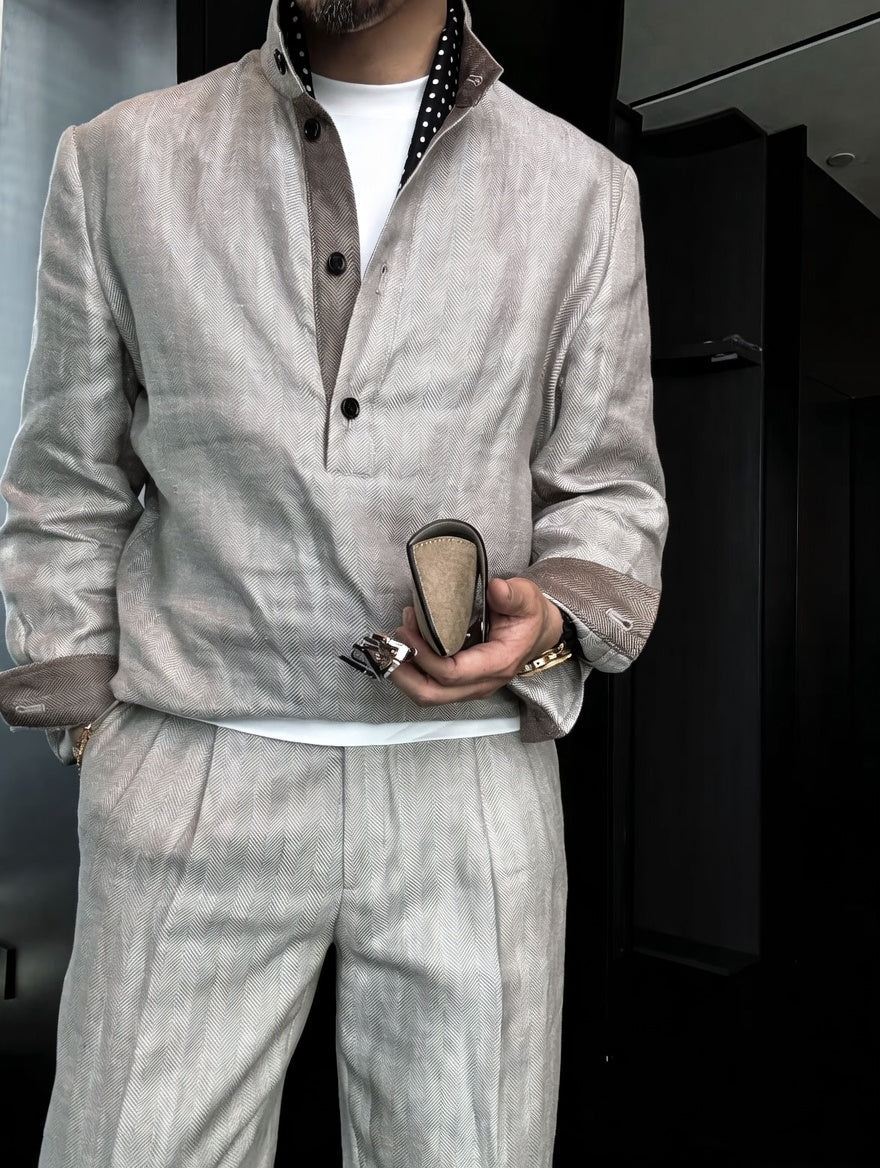 Premium Linen Mandarin Collar Suit