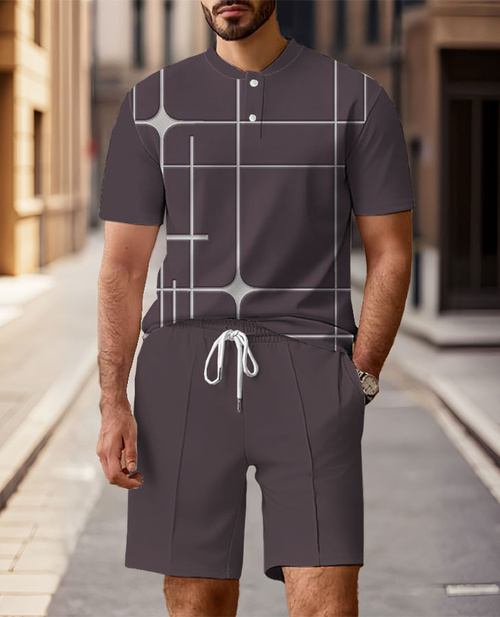 Men's Fashion Casual Round-Neck Geometric Printed Short-Sleeved Two-Piece Set