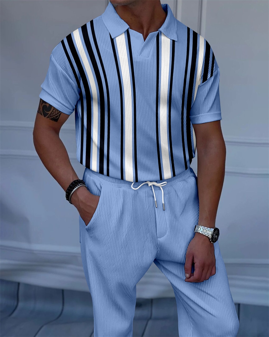 Men's Luxury Casual Textured Polo Short Sleeve Suit - 093
