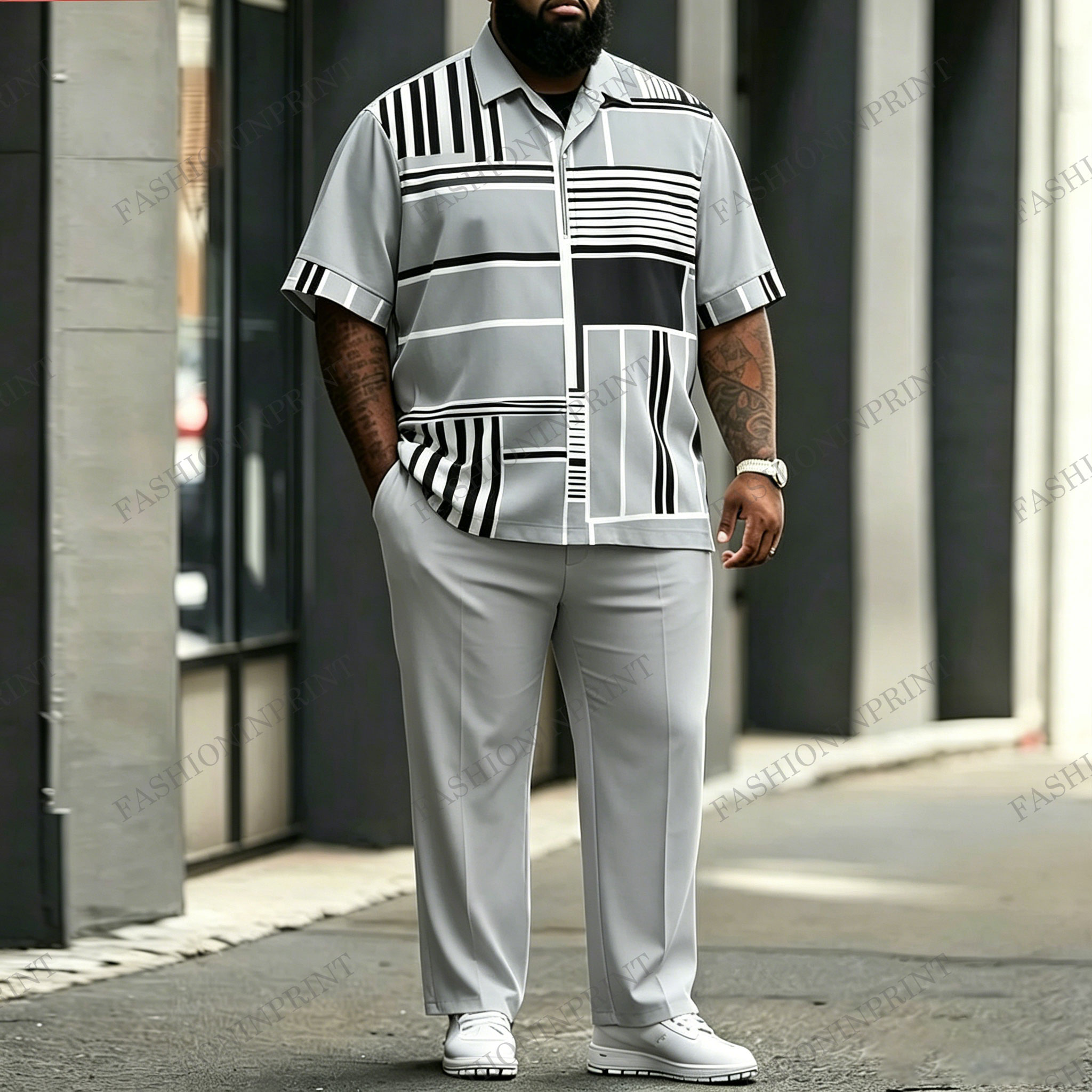 Plus-Size Men's Casual Gray Barcode Retro Textured Print Short-Sleeved Shirt And Trousers Two-Piece Set