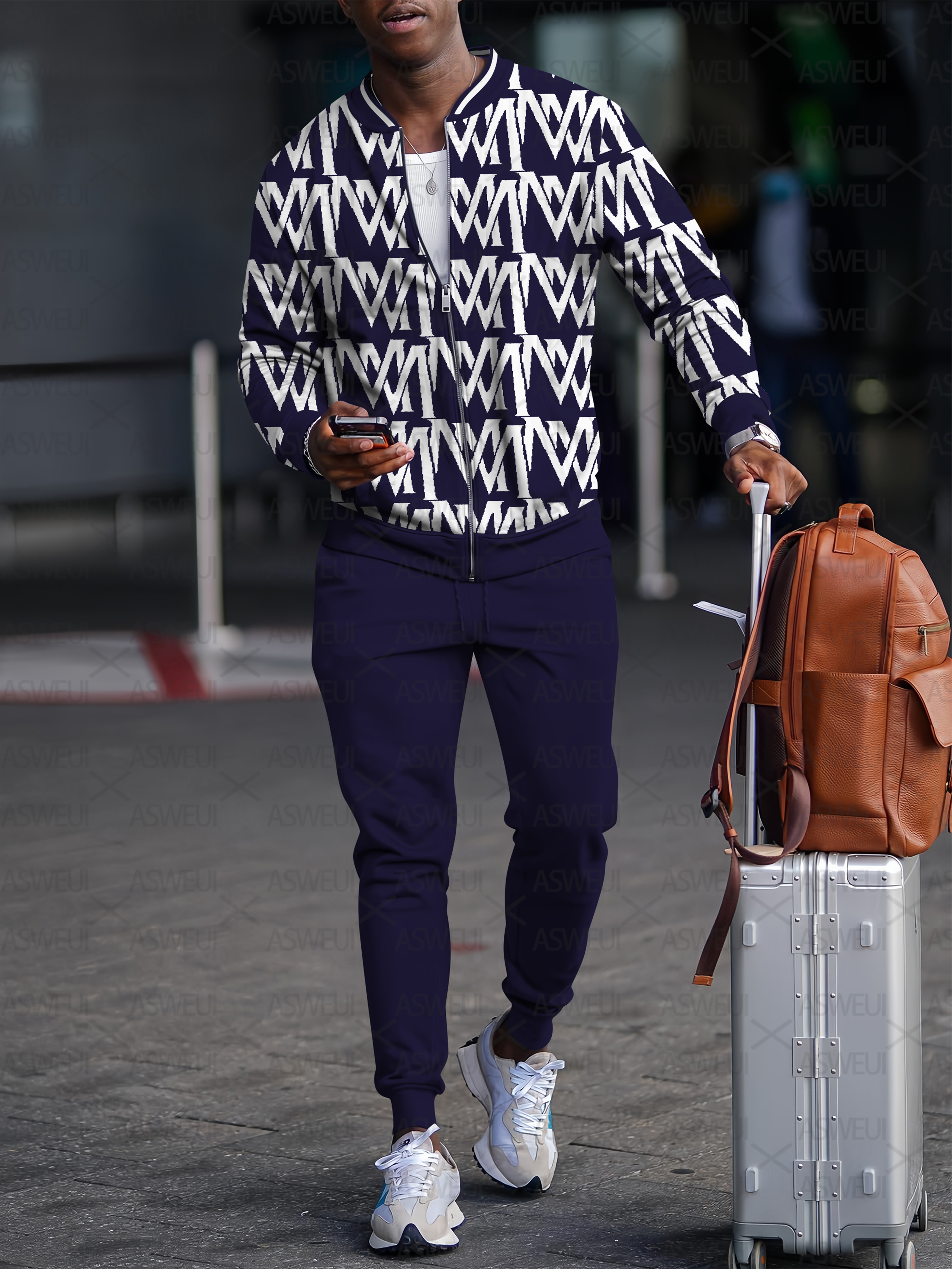 Men's fashion casual geometric print zipper jacket set