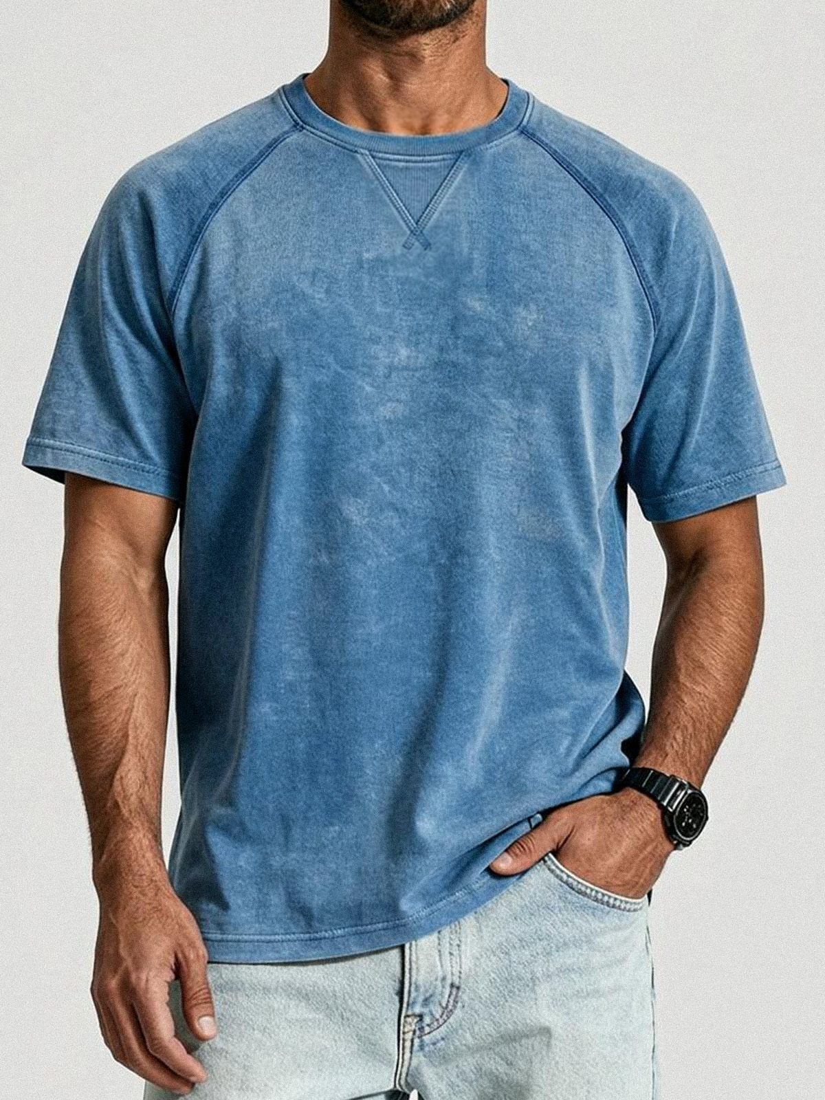 Retro Distressed Stitching Design Shirt Solid Color Raglan Sleeve T