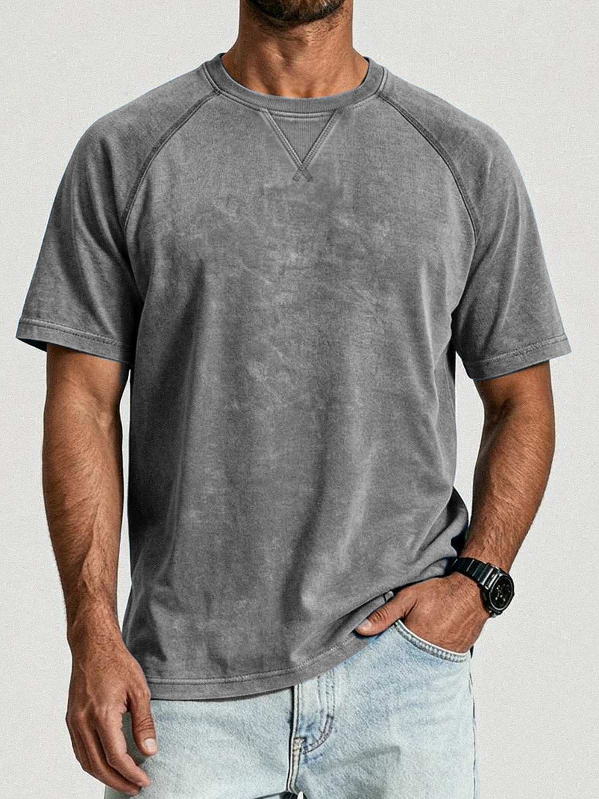 Retro Distressed Stitching Design Shirt Solid Color Raglan Sleeve T