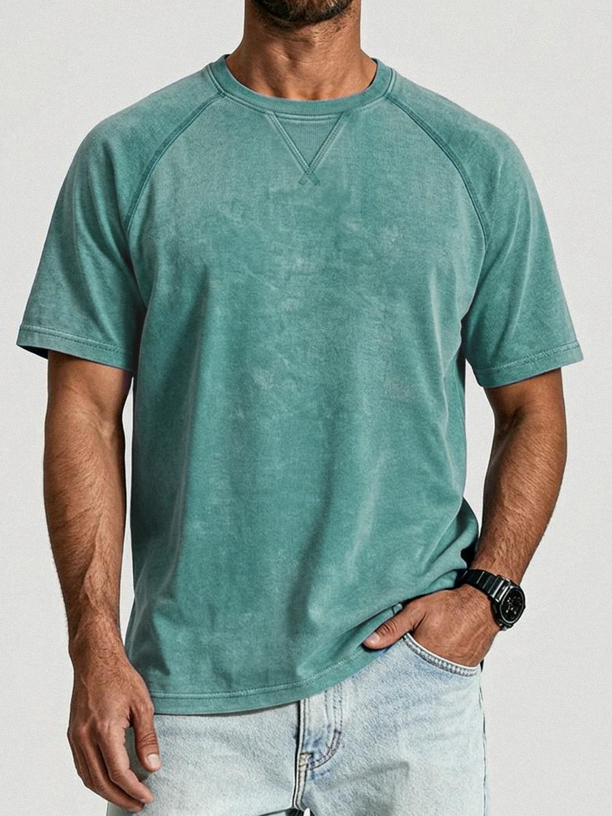 Retro Distressed Stitching Design Shirt Solid Color Raglan Sleeve T