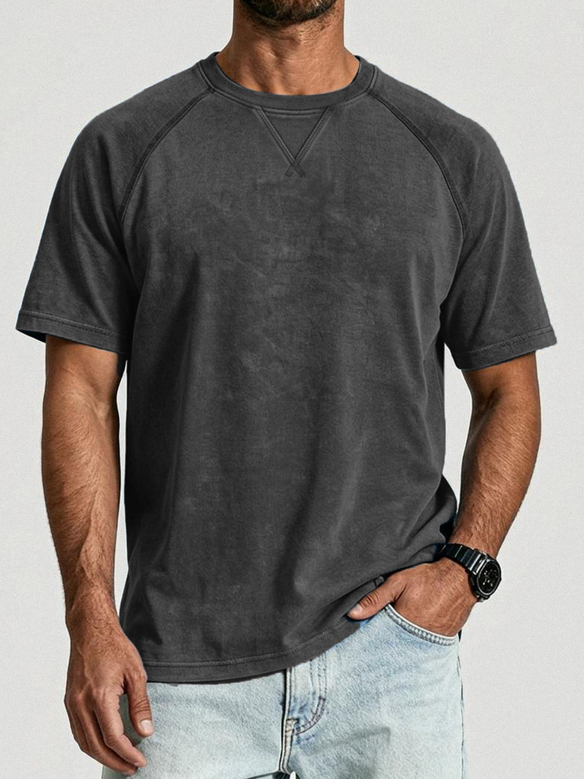 Retro Distressed Stitching Design Shirt Solid Color Raglan Sleeve T