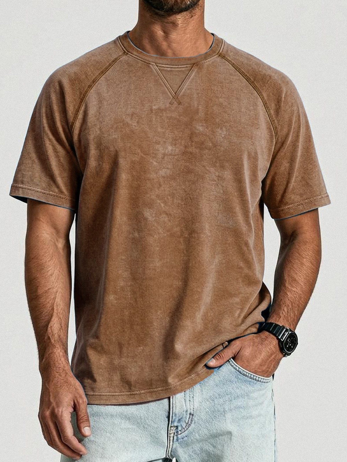 Retro Distressed Stitching Design Shirt Solid Color Raglan Sleeve T