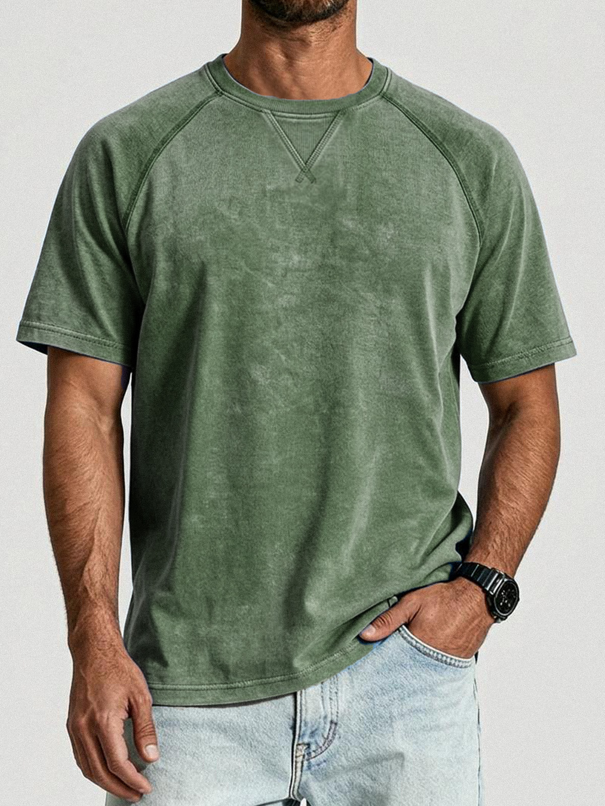 Retro Distressed Stitching Design Shirt Solid Color Raglan Sleeve T