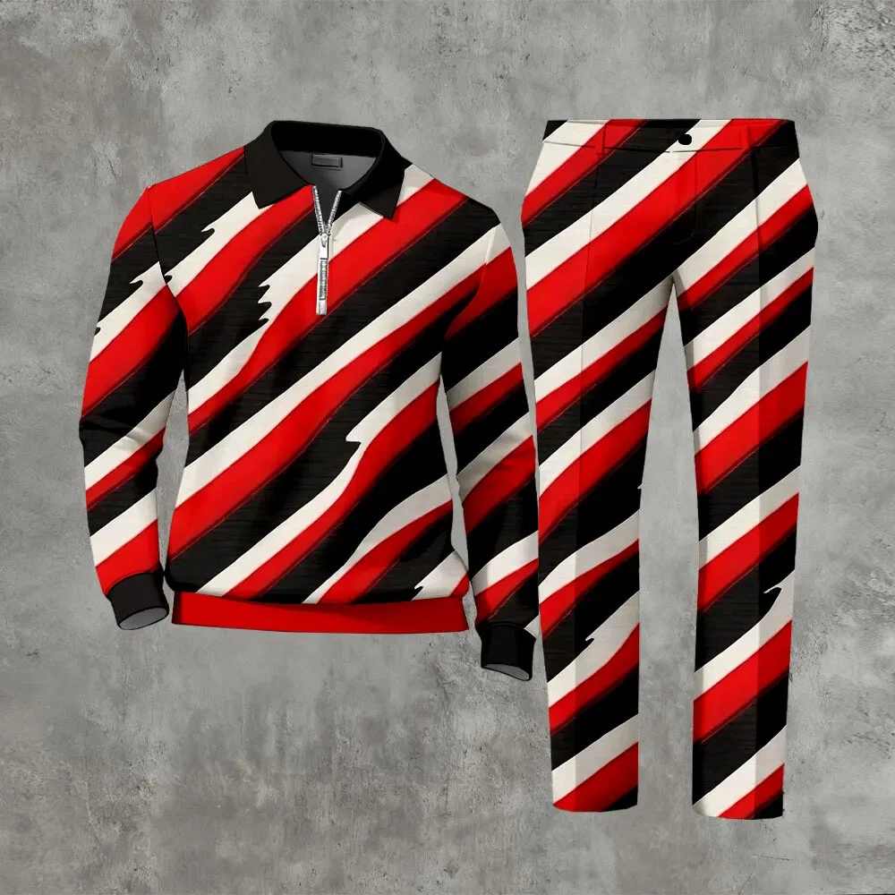 Men's Casual Color Matching Printed Polo-Collar Zipper Long Sleeved Trousers Two-Piece Set