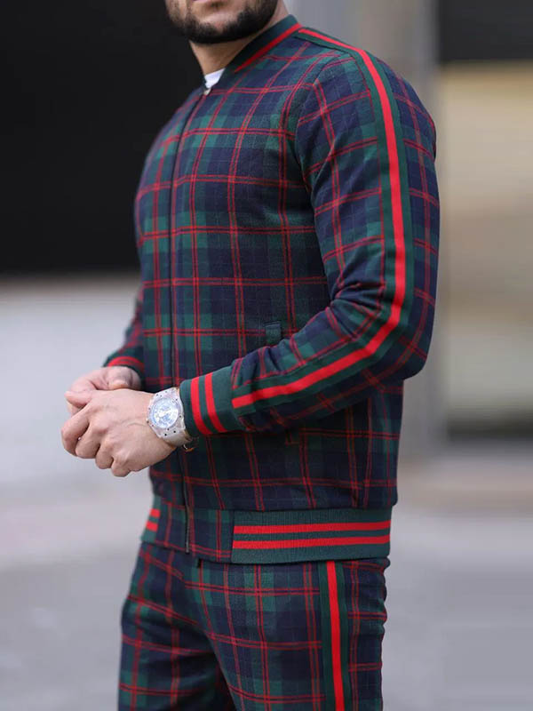 Men's Quilted Thick Plaid Long-Sleeved Jacket Trousers Two-Piece Set