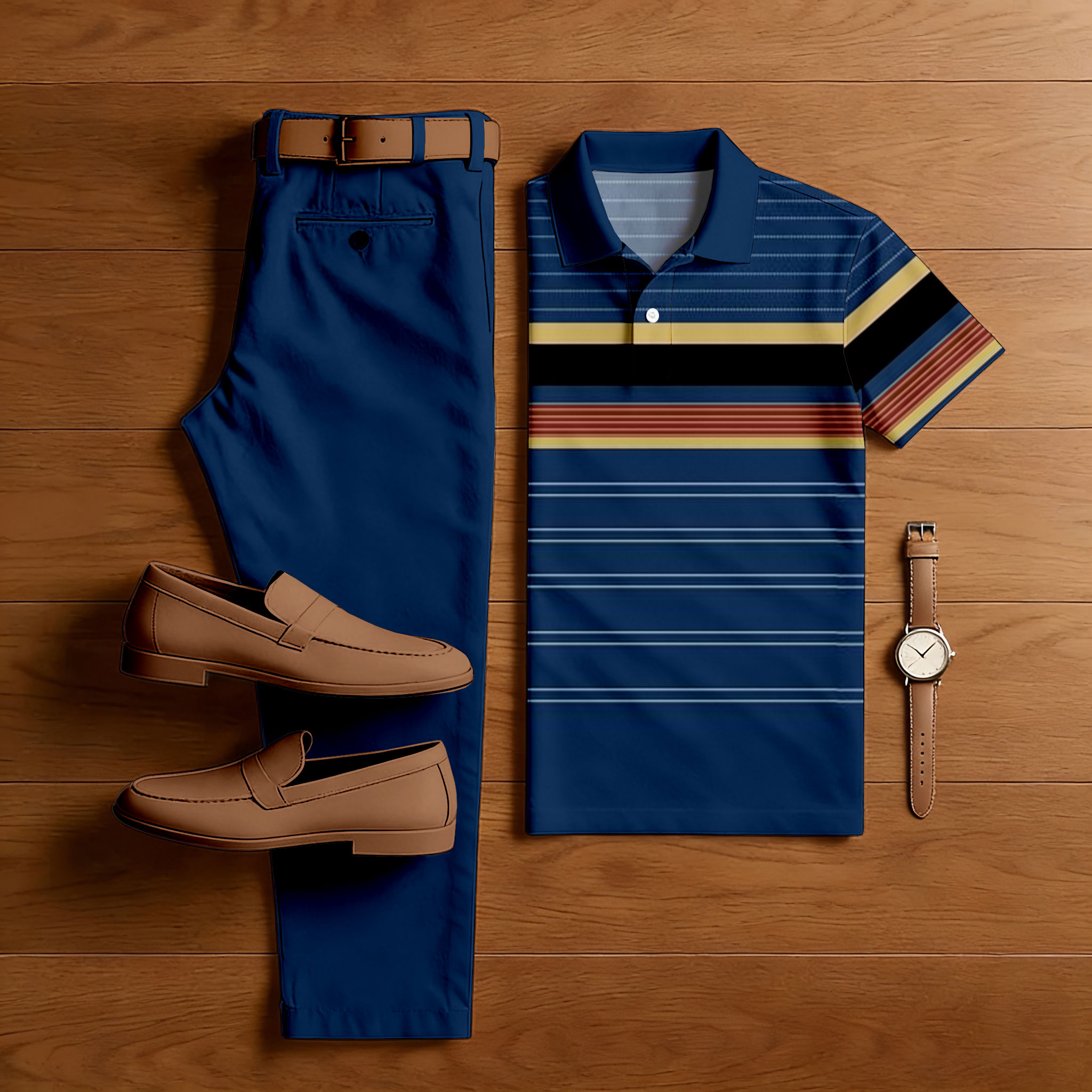 Men's Casual Royal Blue & Multi Color Matching Striped Printed Short Sleeved Polo Shirt & Trousers Two-Piece Set
